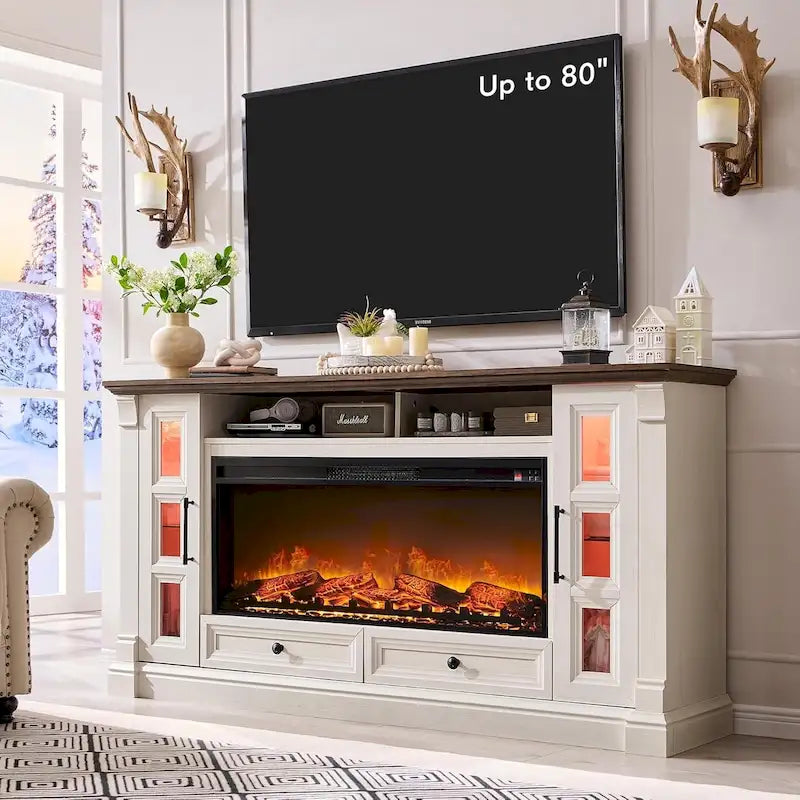 Meuble TV de cheminée de ferme pour téléviseur jusqu'à 80 pouces, centre de divertissement