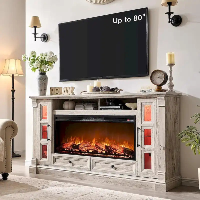 Meuble TV de cheminée de ferme pour téléviseur jusqu'à 80 pouces, centre de divertissement