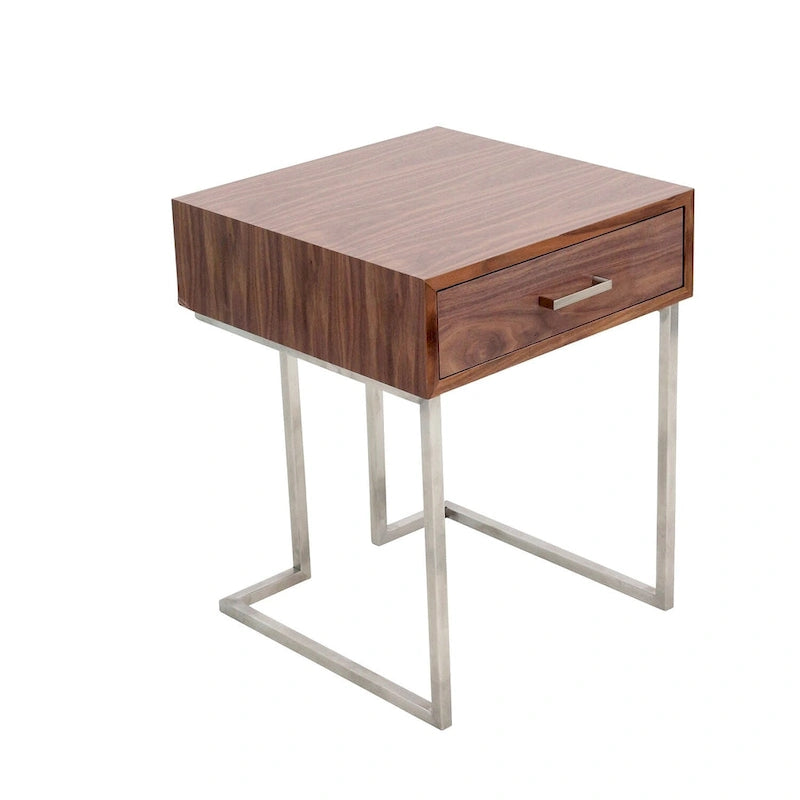 Table d'appoint contemporaine romaine en noyer et acier inoxydable avec tiroir