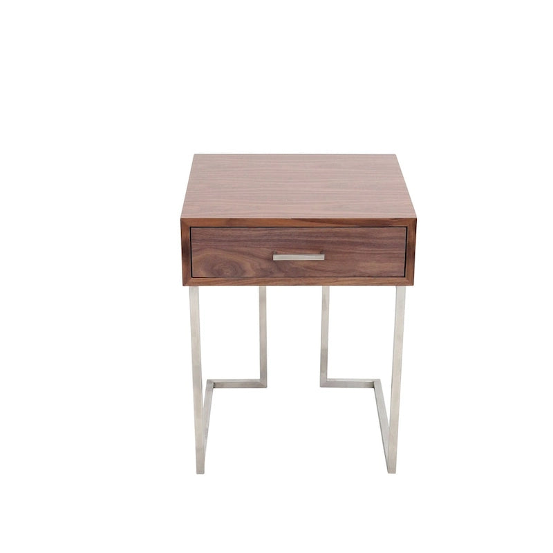 Table d'appoint contemporaine romaine en noyer et acier inoxydable avec tiroir