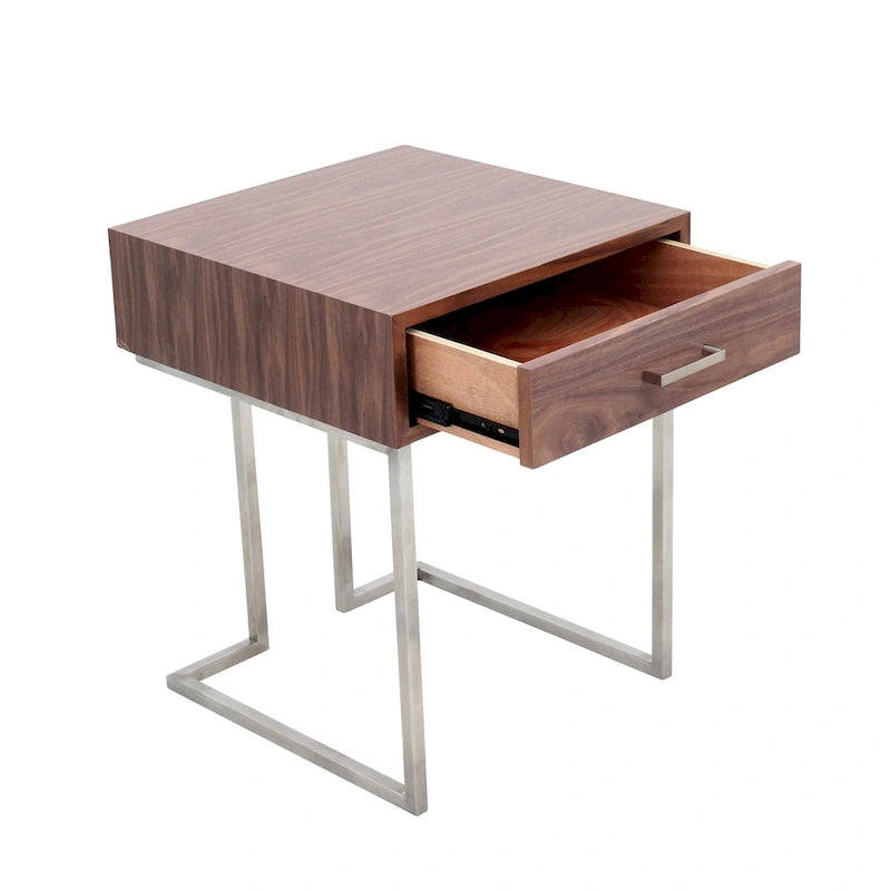 Table d'appoint contemporaine romaine en noyer et acier inoxydable avec tiroir