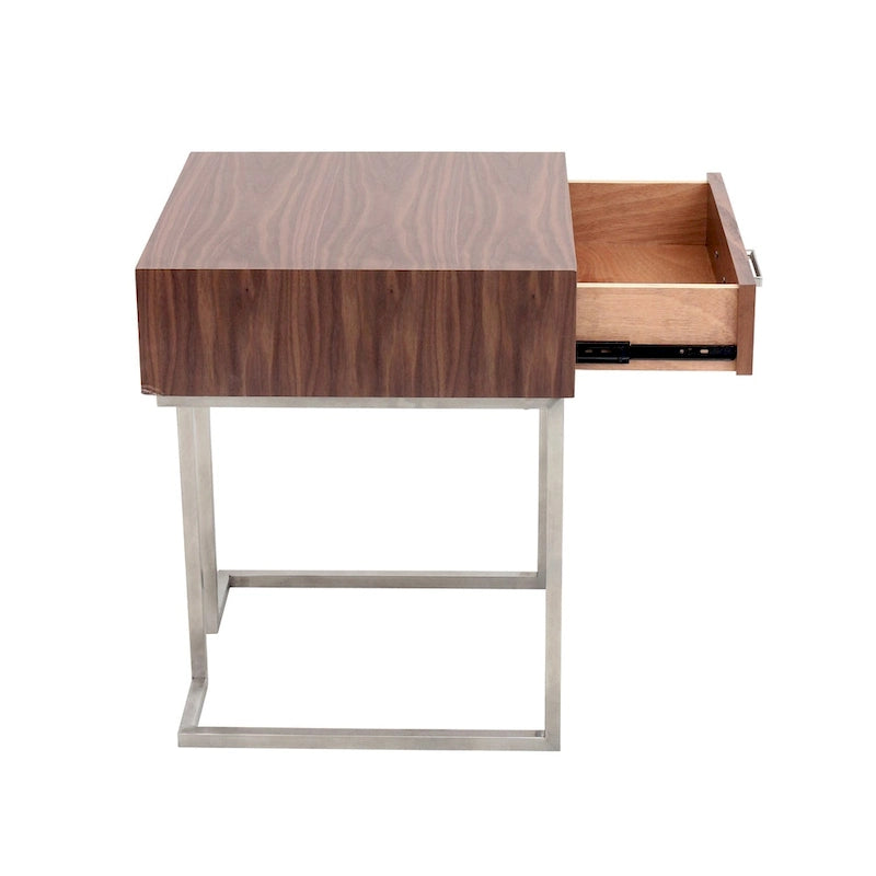Table d'appoint contemporaine romaine en noyer et acier inoxydable avec tiroir