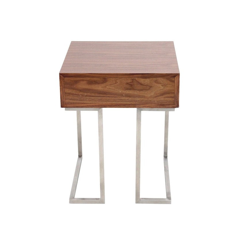 Table d'appoint contemporaine romaine en noyer et acier inoxydable avec tiroir