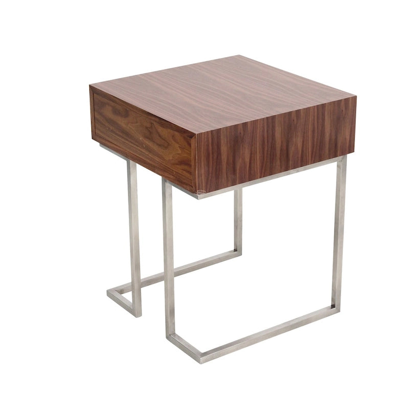 Table d'appoint contemporaine romaine en noyer et acier inoxydable avec tiroir