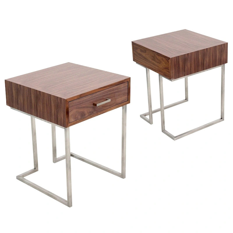 Table d'appoint contemporaine romaine en noyer et acier inoxydable avec tiroir
