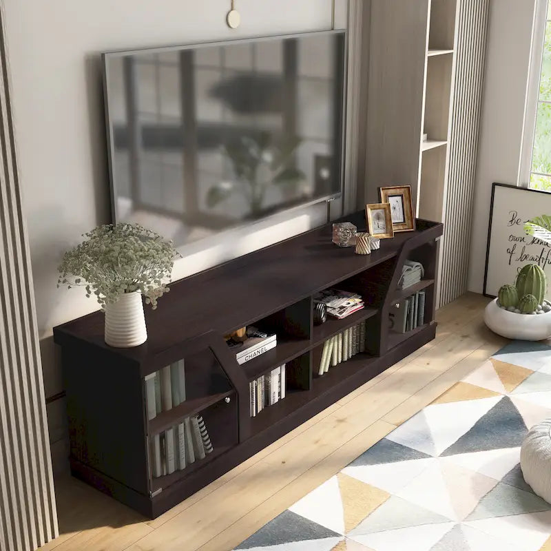 Meuble TV de rangement multifonctionnel espresso contemporain de 71 po