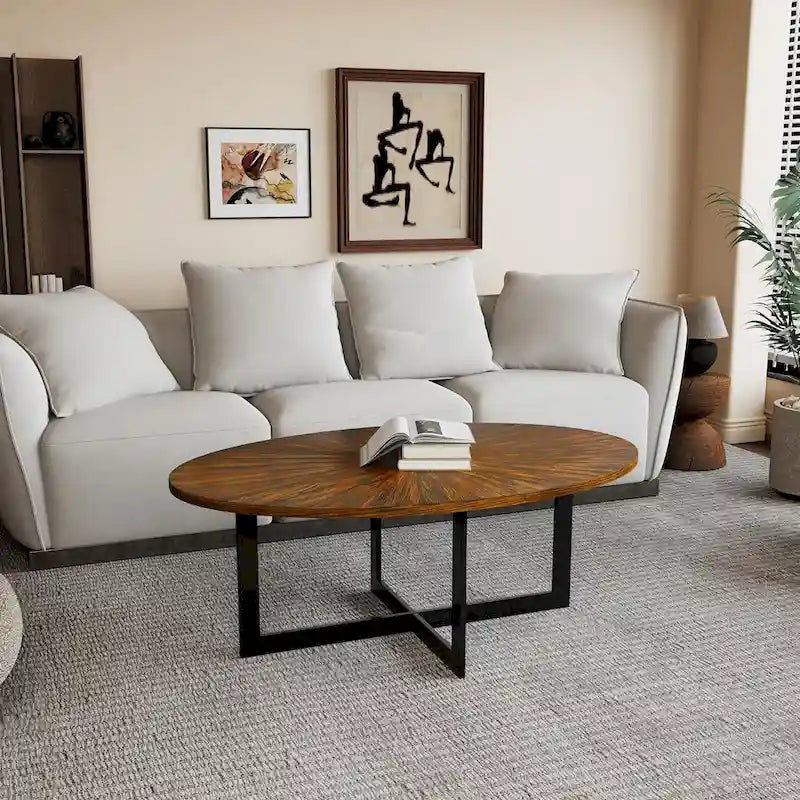Table basse ovale contemporaine en bois massif avec pieds métalliques croisés