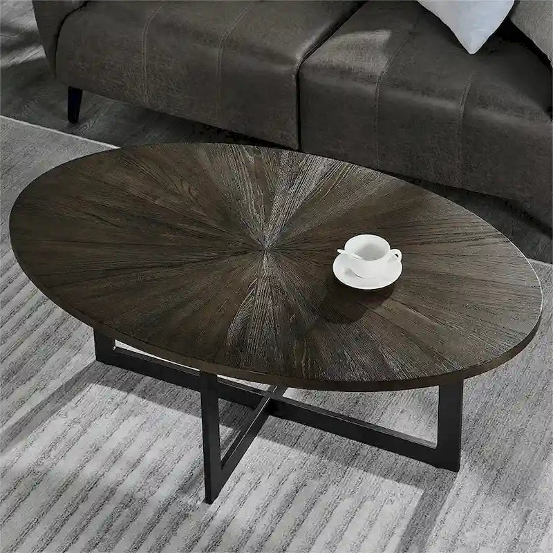Table basse ovale contemporaine en bois massif avec pieds métalliques croisés