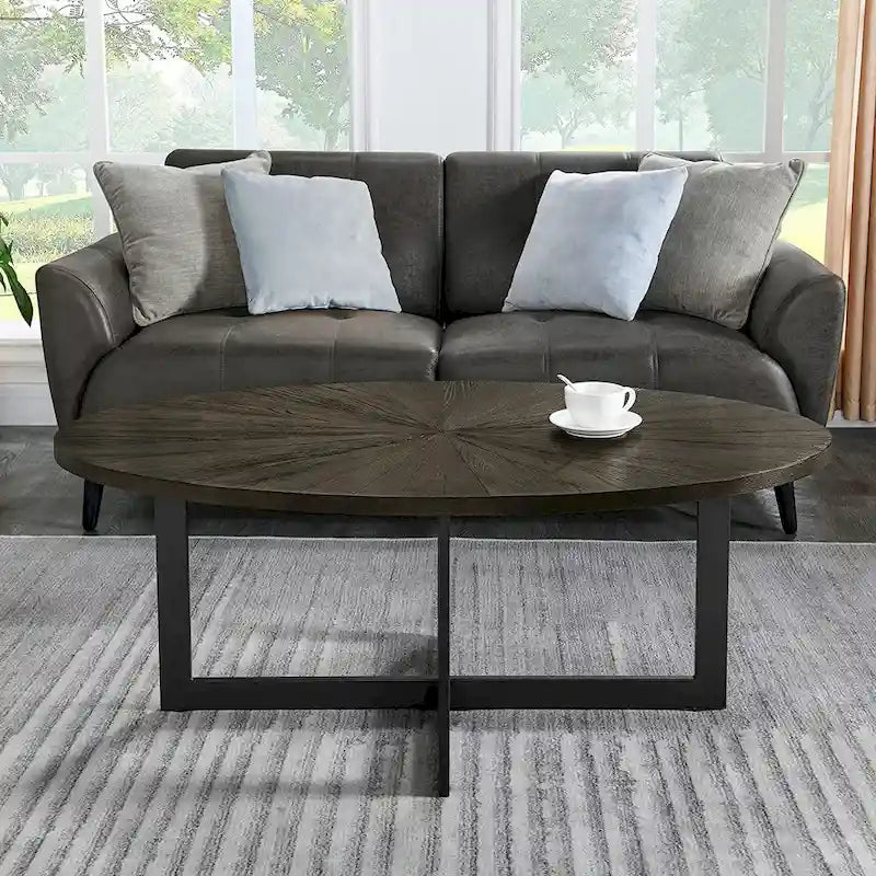 Table basse ovale contemporaine en bois massif avec pieds métalliques croisés