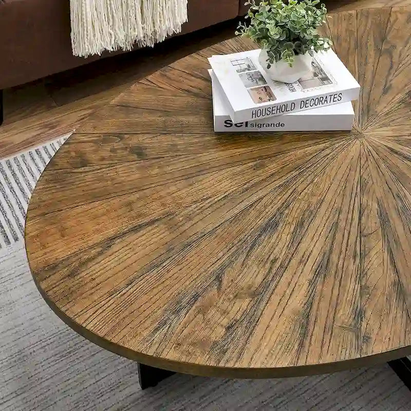 Table basse ovale contemporaine en bois massif avec pieds métalliques croisés
