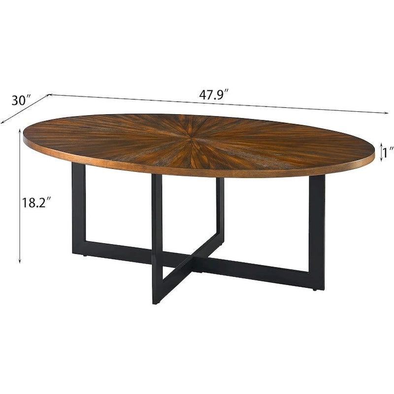 Table basse ovale contemporaine en bois massif avec pieds métalliques croisés