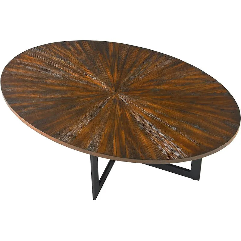 Table basse ovale contemporaine en bois massif avec pieds métalliques croisés