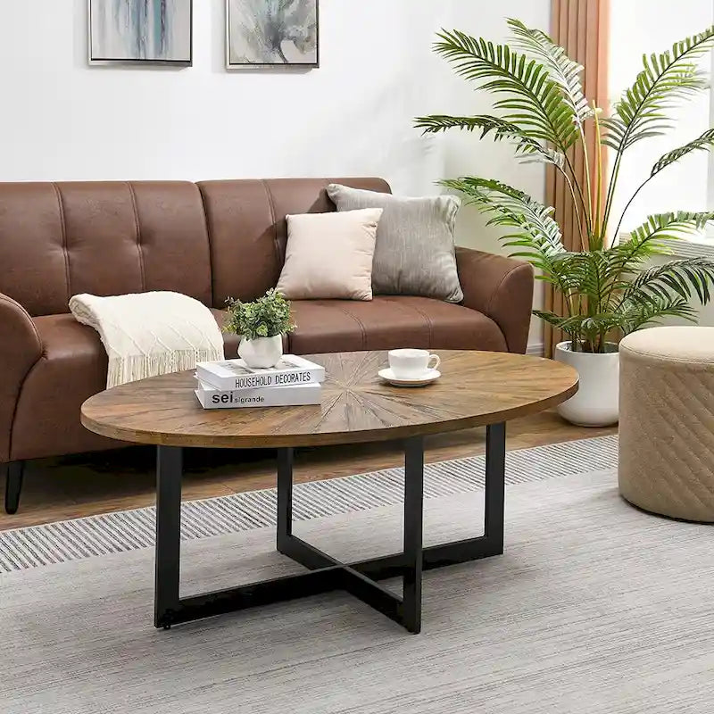 Table basse ovale contemporaine en bois massif avec pieds métalliques croisés