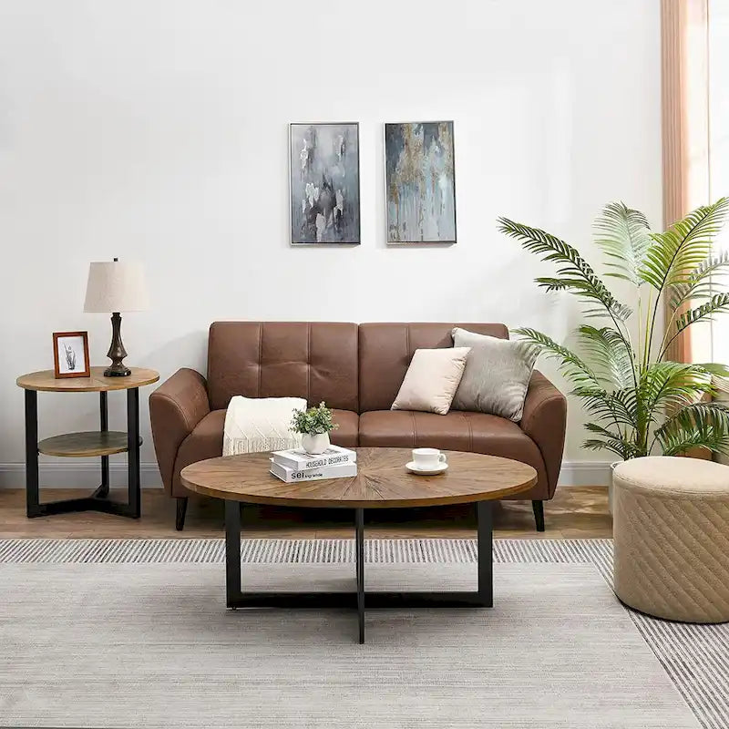 Table basse ovale contemporaine en bois massif avec pieds métalliques croisés