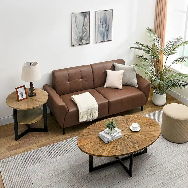 Table basse ovale contemporaine en bois massif avec pieds métalliques croisés