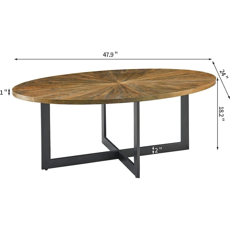 Table basse ovale contemporaine en bois massif avec pieds métalliques croisés