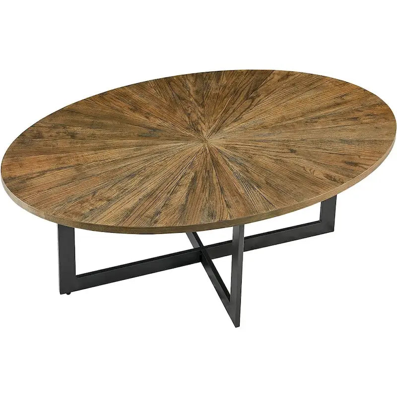 Table basse ovale contemporaine en bois massif avec pieds métalliques croisés