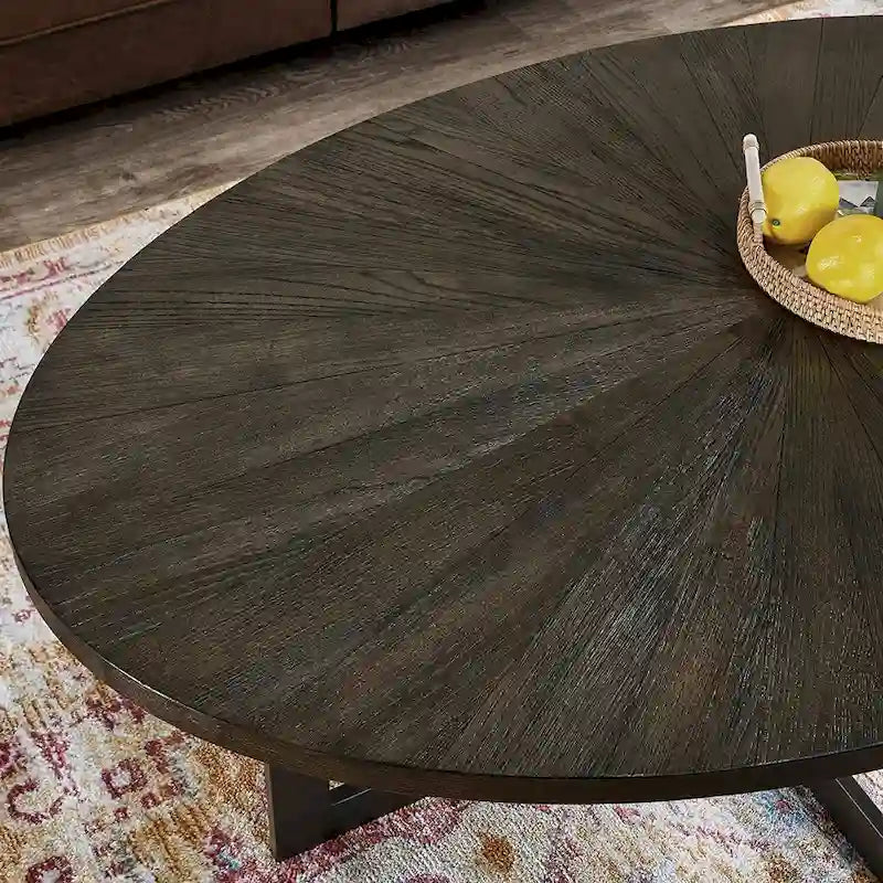 Table basse ovale contemporaine en bois massif avec pieds métalliques croisés