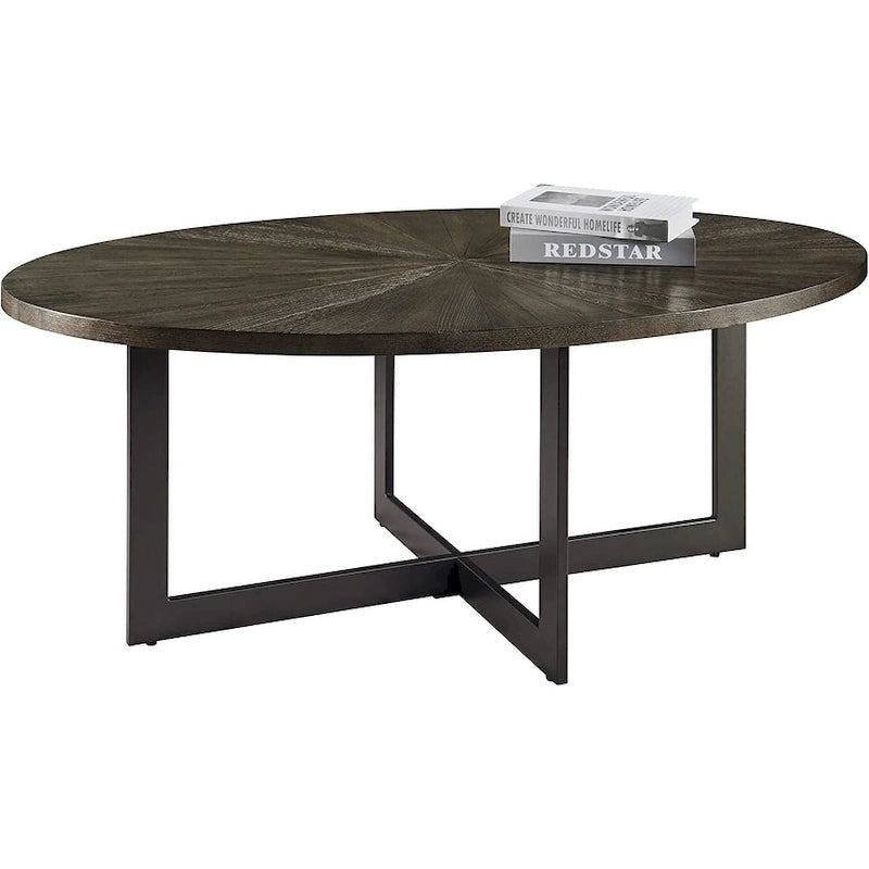 Table basse ovale contemporaine en bois massif avec pieds métalliques croisés