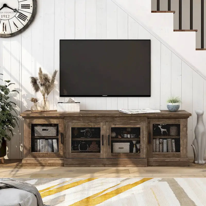 Meuble TV rustique en chêne recyclé de 175 cm de large avec 6 étagères