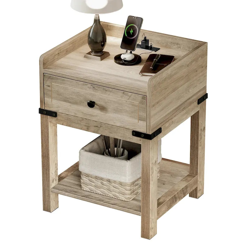 Table d'appoint de style ferme avec station de recharge, ports USB et prises électriques