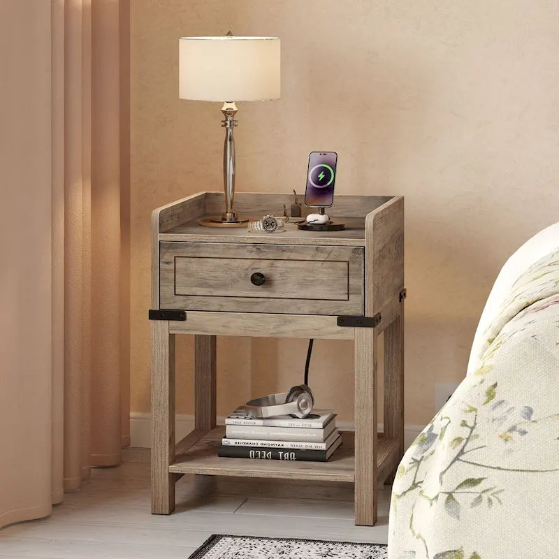  Farmhouse End Table with Charging Station, USB Ports and Outlets