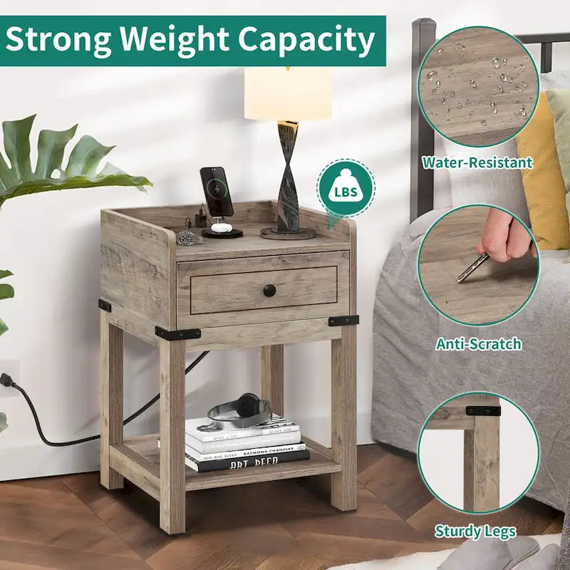 Table d'appoint de style ferme avec station de recharge, ports USB et prises électriques