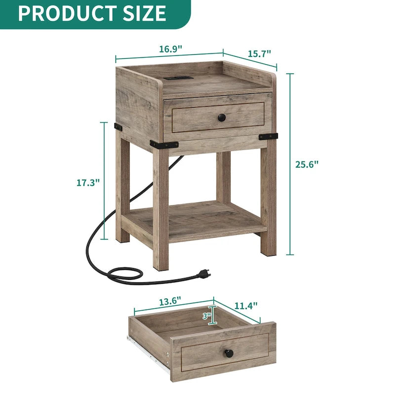 Table d'appoint de style ferme avec station de recharge, ports USB et prises électriques