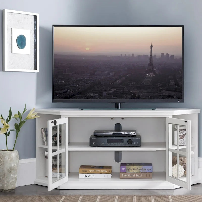  Cottage White Corner TV Stand with Bookshelf Storage