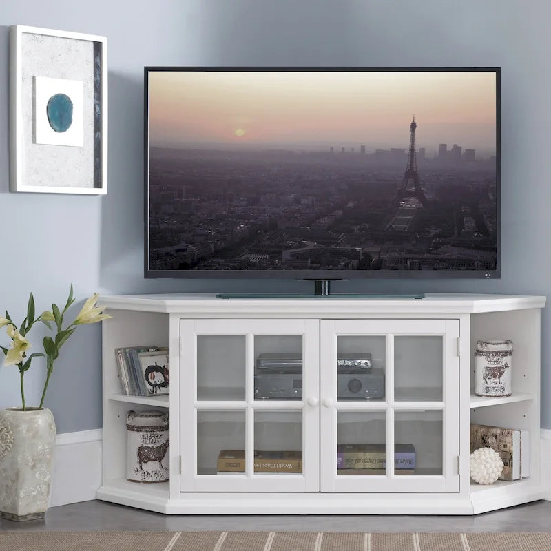 Meuble TV d'angle blanc Cottage avec étagères de rangement