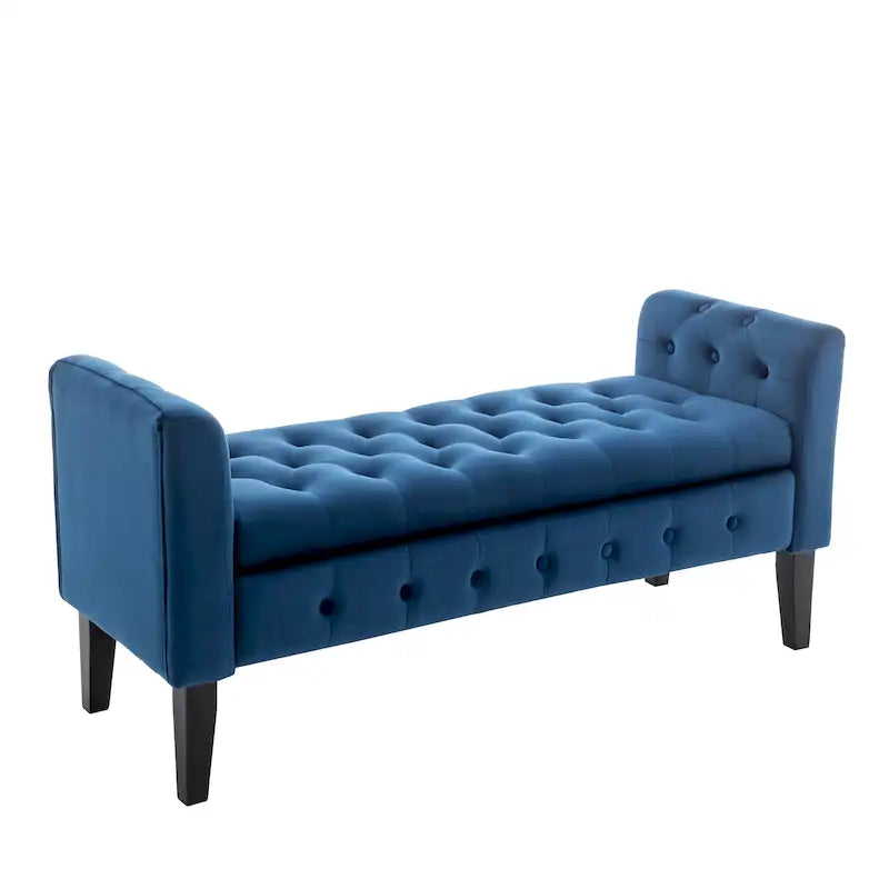 Banc de rangement en velours avec pieds en hévéa