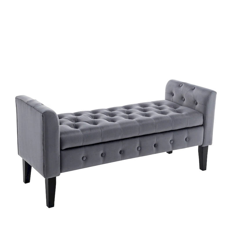 Banc de rangement en velours avec pieds en hévéa