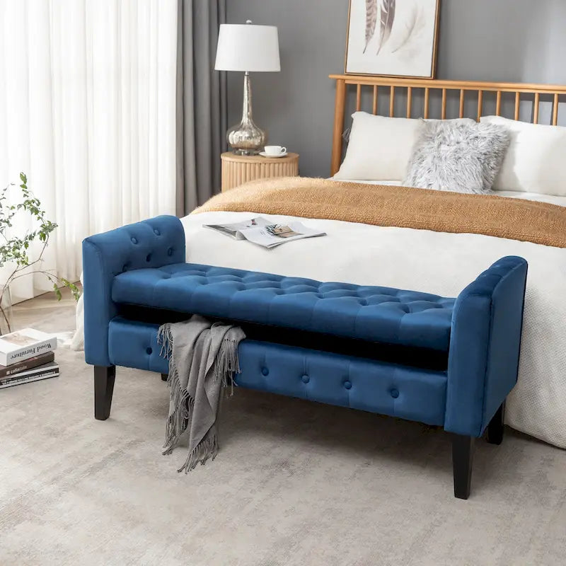  Brett Velvet Storage Bench with Rubberwood Legs