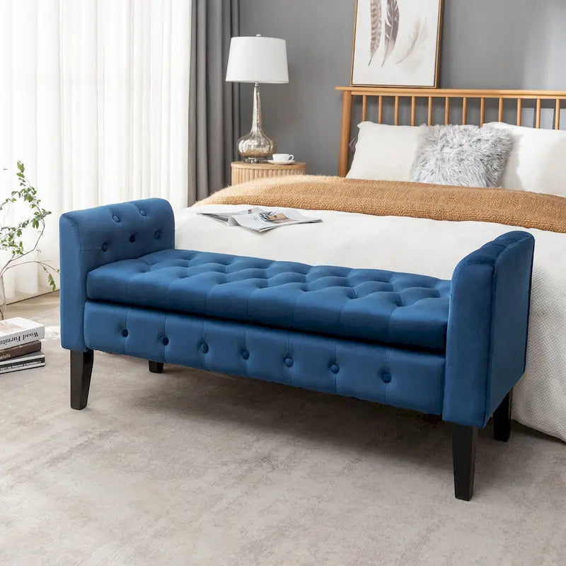 Banc de rangement en velours avec pieds en hévéa