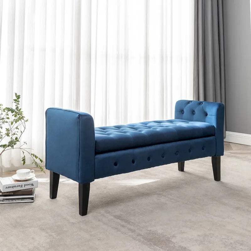 Banc de rangement en velours avec pieds en hévéa