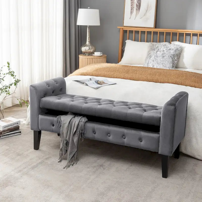 Banc de rangement en velours avec pieds en hévéa
