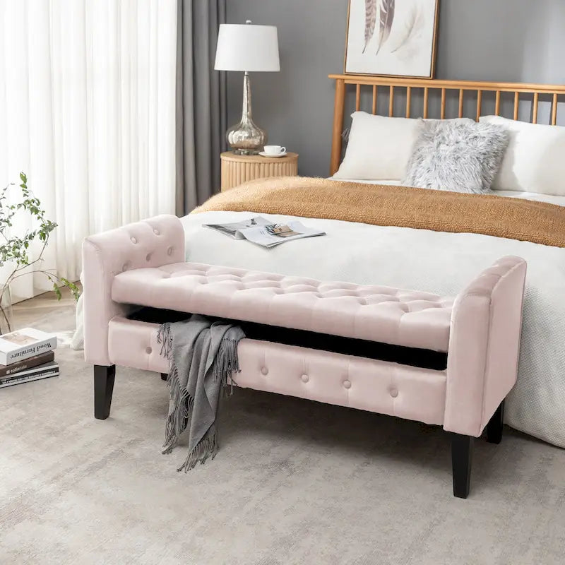 Banc de rangement en velours avec pieds en hévéa