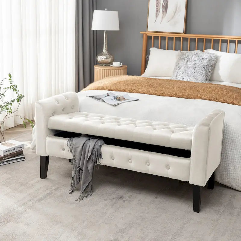 Banc de rangement en velours avec pieds en hévéa