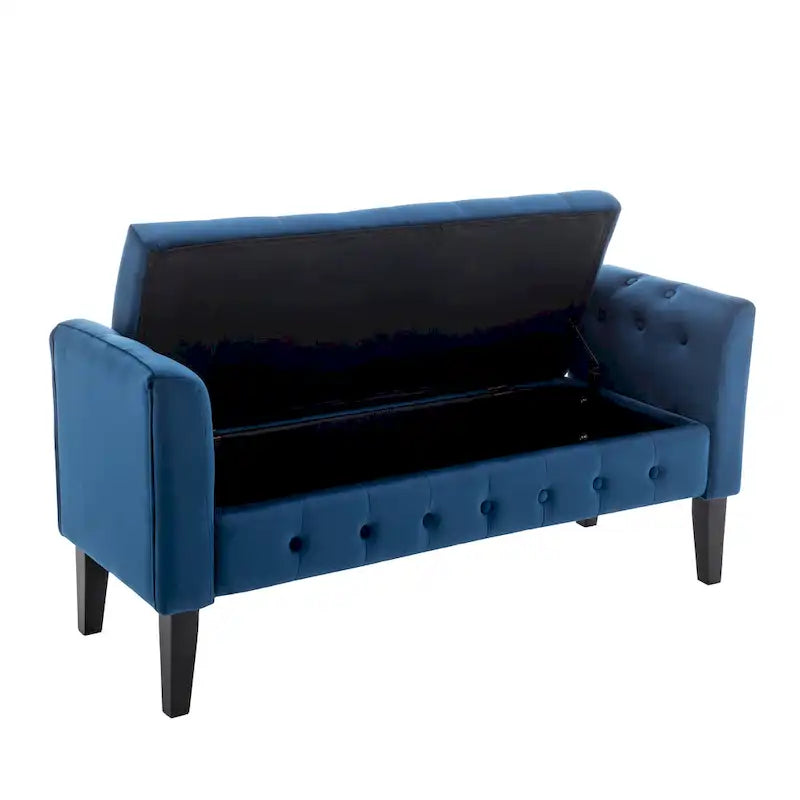 Banc de rangement en velours avec pieds en hévéa