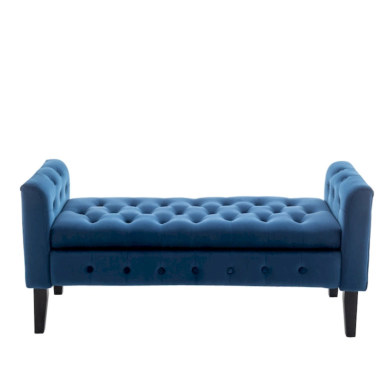 Banc de rangement en velours avec pieds en hévéa