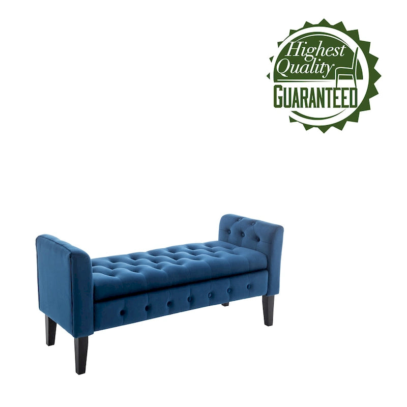 Banc de rangement en velours avec pieds en hévéa