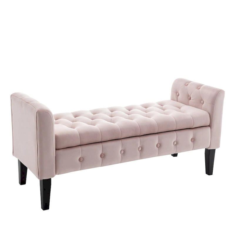 Banc de rangement en velours avec pieds en hévéa