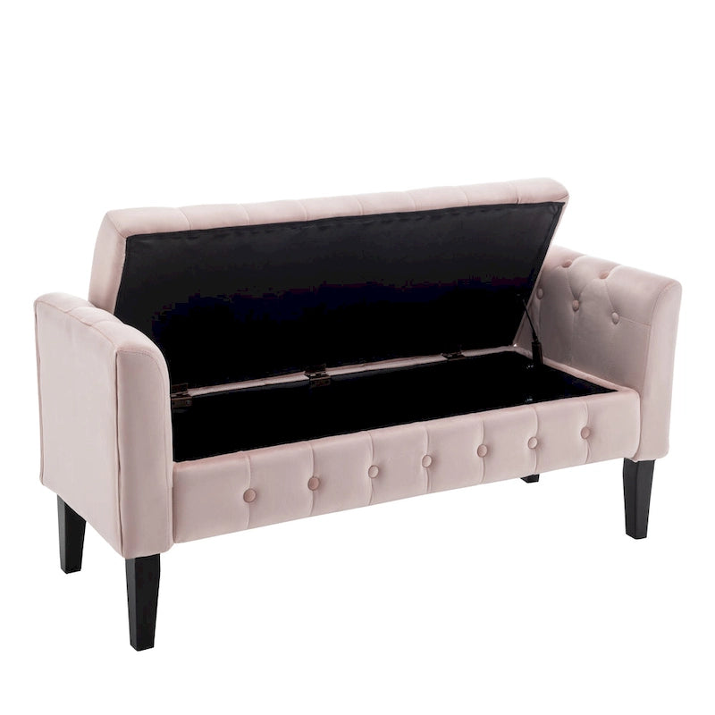 Banc de rangement en velours avec pieds en hévéa