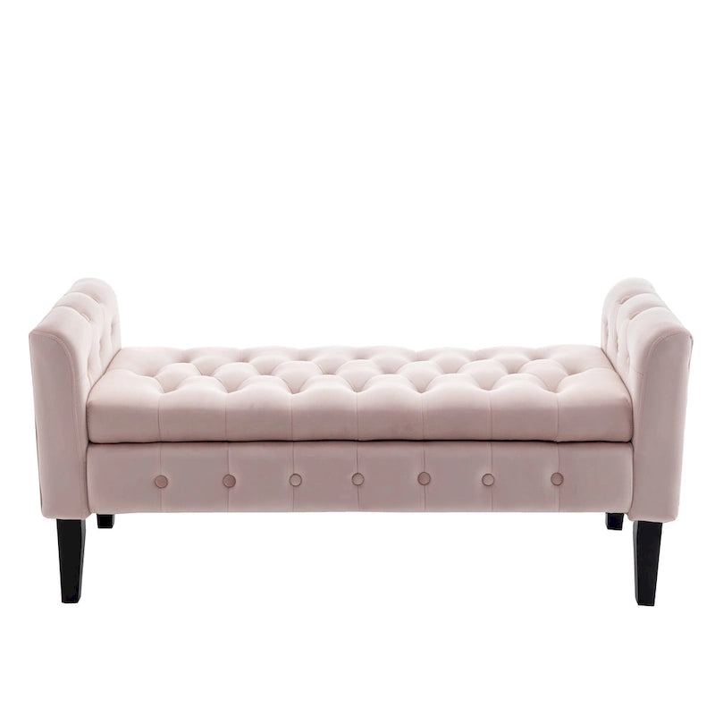 Banc de rangement en velours avec pieds en hévéa
