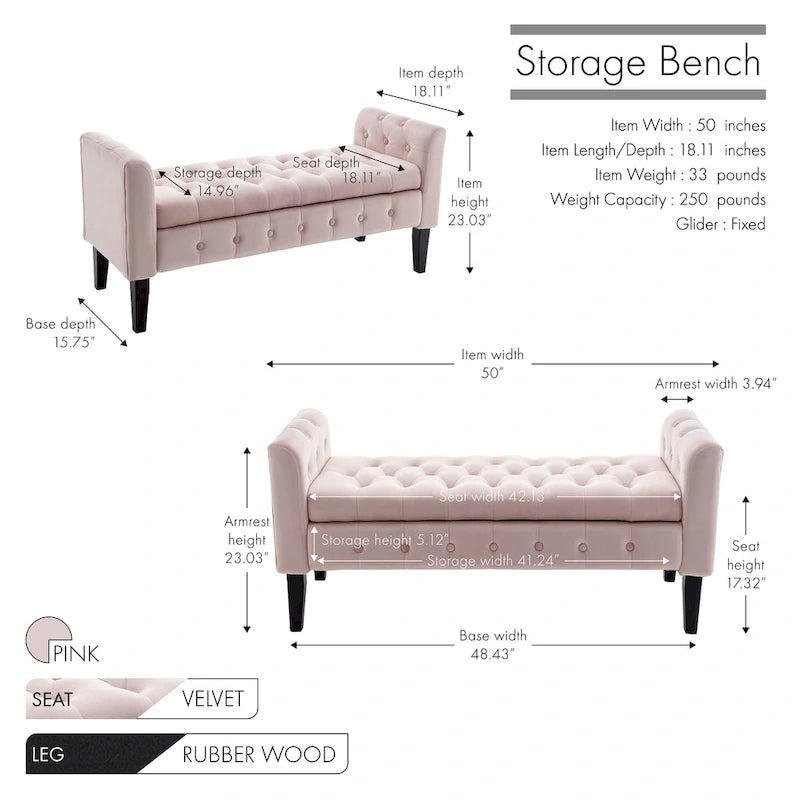 Banc de rangement en velours avec pieds en hévéa