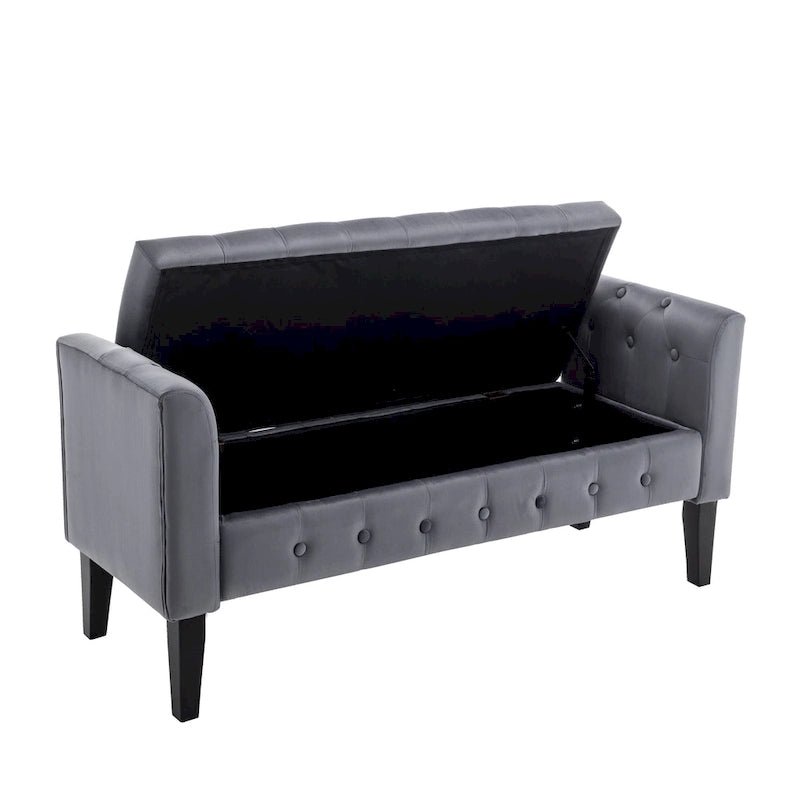 Banc de rangement en velours avec pieds en hévéa