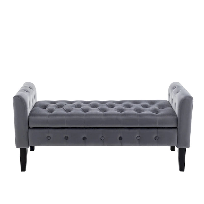 Banc de rangement en velours avec pieds en hévéa