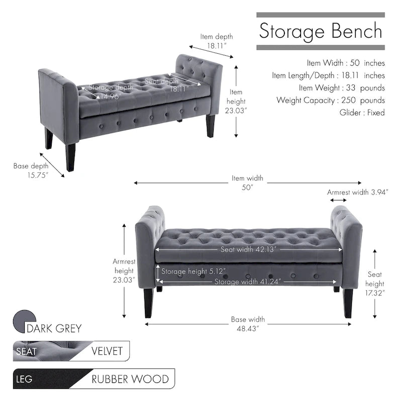 Banc de rangement en velours avec pieds en hévéa
