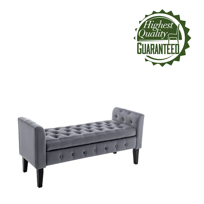 Banc de rangement en velours avec pieds en hévéa
