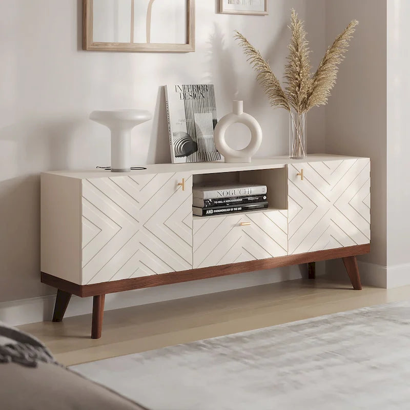 Meuble TV Console avec tiroir – Convient aux TV jusqu'à 65 po avec pieds en bois Design Mid-Century Modern